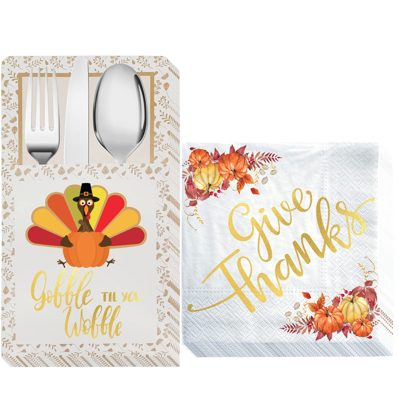 [Australia - AusPower] - Thanksgiving Napkins, 50 Count Gold Foil Napkins Paper w 18 Count Cutlery Holders, Give Thanks Decorations for Autumn Leaves Fall Harvest Wedding Table Disposable Centerpiece Decor 
