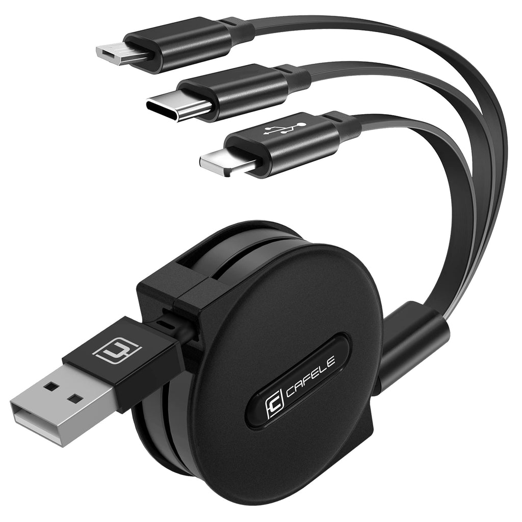 [Australia - AusPower] - CAFELE Multi Charging Cable, Retractable USB C Charging Cable 2A Max, Universal Charger Cable (3A Total) with Type C/Micro USB/I Port for Phones(Samsung Galaxy,Google Pixel)/Tablets/Home/Office/Travel Black pack 1 