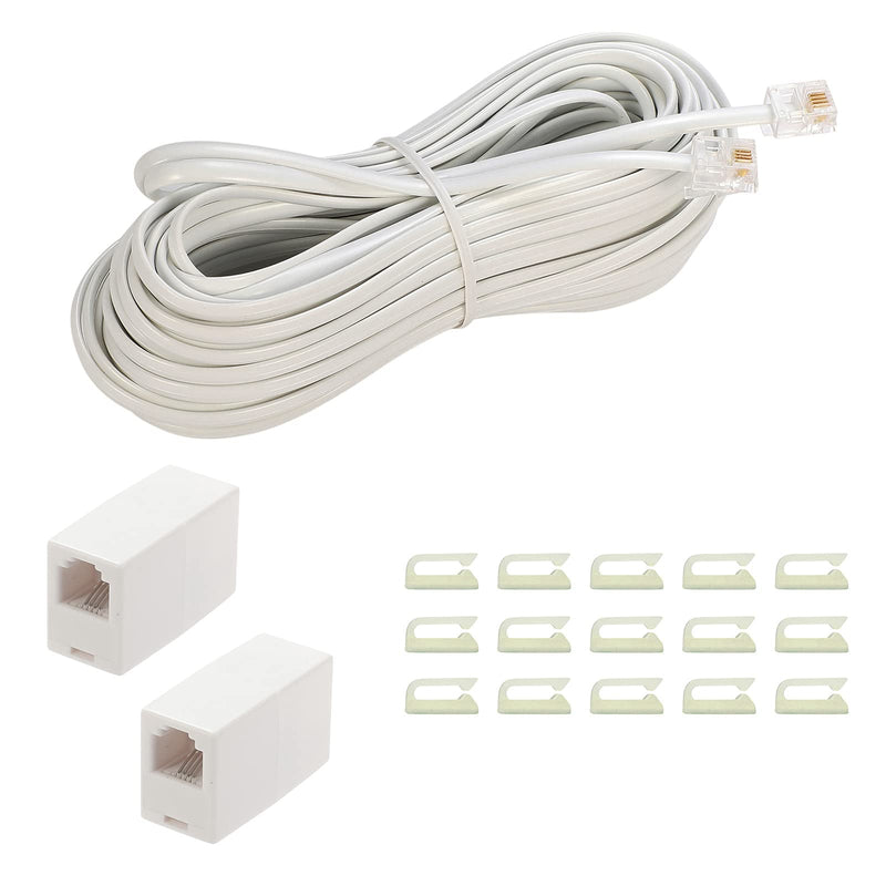 [Australia - AusPower] - Phone Extension Cord 33Ft, Phone Cord ，Telephone Cable with Standard RJ11Plug and 2 in-Line Couplers and 15 Cable Clip Holders, (White,33Feet) White 33 Feet 