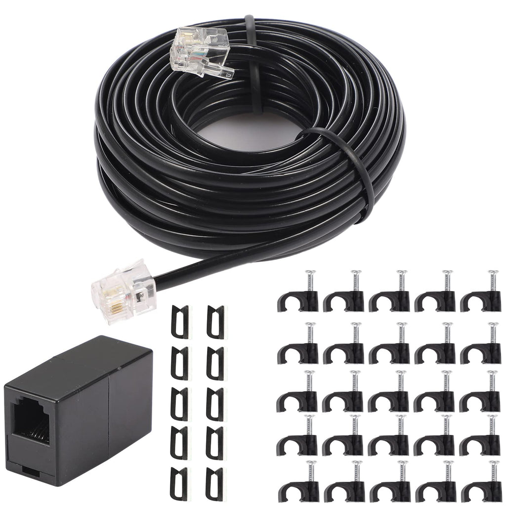 [Australia - AusPower] - 20 Feet Long Telephone Extension Cord Phone Cable Line Wire, with Standard RJ11 Plug and 1 in-Line Couplers and 30 Cable Clip Holders-Black Black 6M 