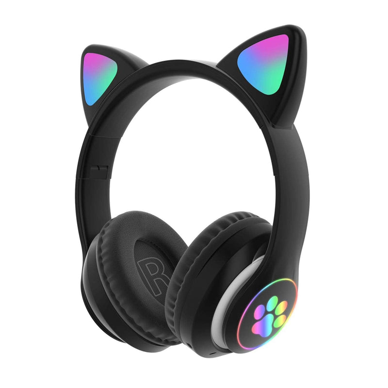 [Australia - AusPower] - Over-Ear Headphones Bluetooth 5.0, Foldable & Stretchable Stereo Headset with Cat Ear LED Light, Wireless Gaming Headset for Home Office(Black) Black 