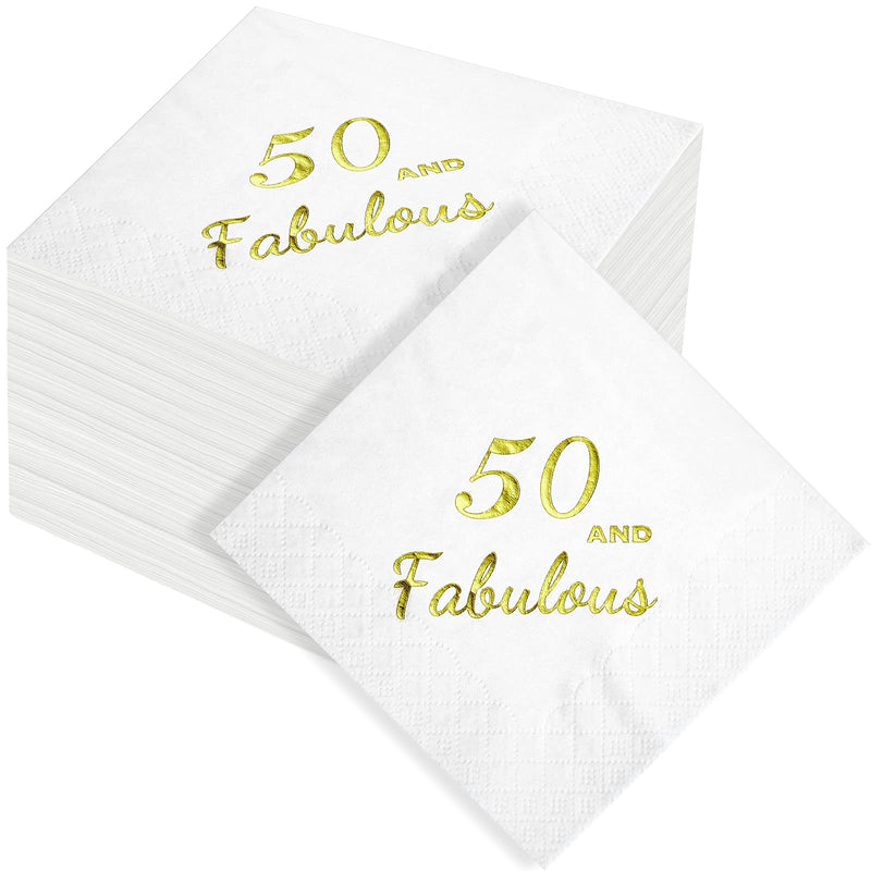 [Australia - AusPower] - 50 and Fabulous Napkins White Gold Foiled Cocktail Paper Napkins 50th Birthday Party Favor Supplies Dinner Napkins for Birthday Anniversary Dessert Cake Berverage Decoration, 5 x 5 Inch, 60 Pieces 