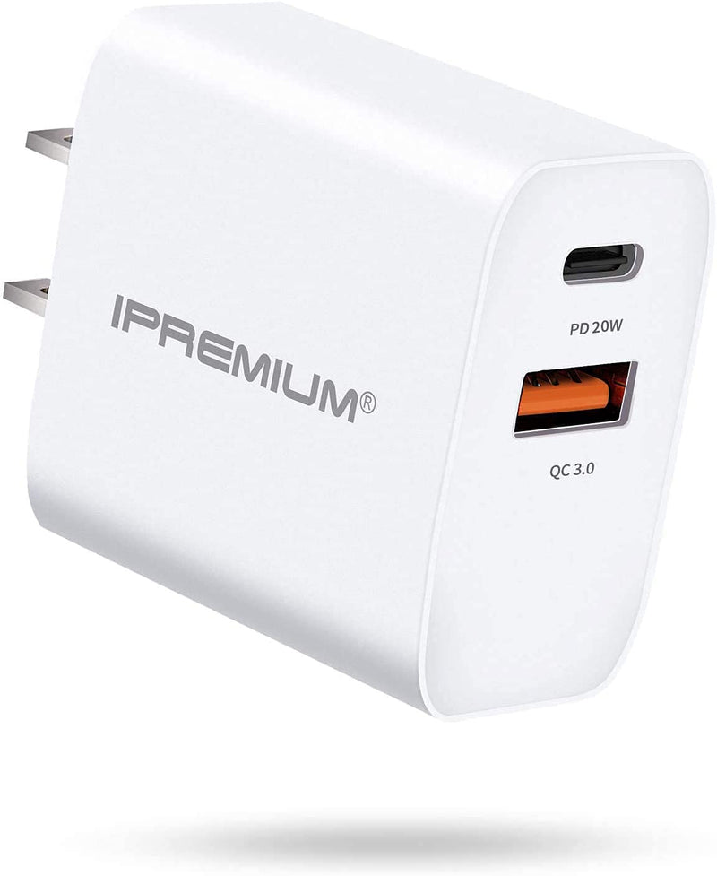 [Australia - AusPower] - USB C Charger, IPREMIUM 20W Dual Port Fast Charger PD/QC 3.0 Type C Wall Charging Block, USB-C Power Adapter Wall Plug for iPhone 13/13 Mini/13 Pro/13 Pro Max/12/11/XR, AirPods, Watch, Pixel, Galaxy White 1 Pack 