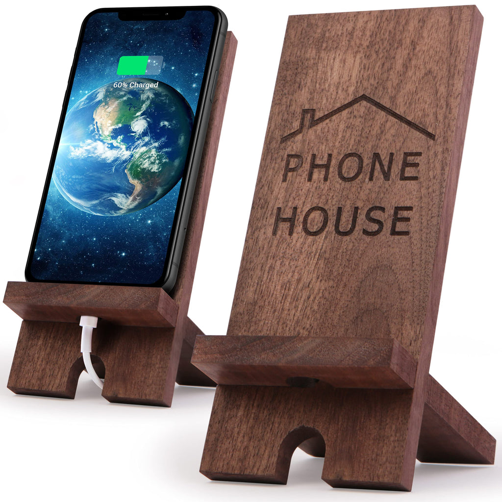 [Australia - AusPower] - Wood Cell Phone Stand - Desktop Phone Holder for Desk - Walnut Eco-Friendly Stand Compatible with All iPhone (12, 11, X, Pro, Mini, Max...) Samsung, Ipad, Tablet, Kindle (Phone House) Phone House 