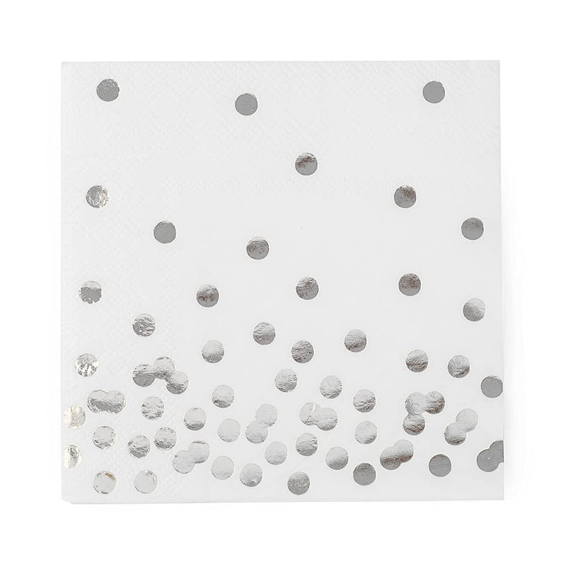 [Australia - AusPower] - 80 Pack of White Paper Cocktail Napkins with Gold Foil Polka Dot Confetti，Polka Dot Party Supplies(5 x 5 in，3-ply) (Silver) silver 