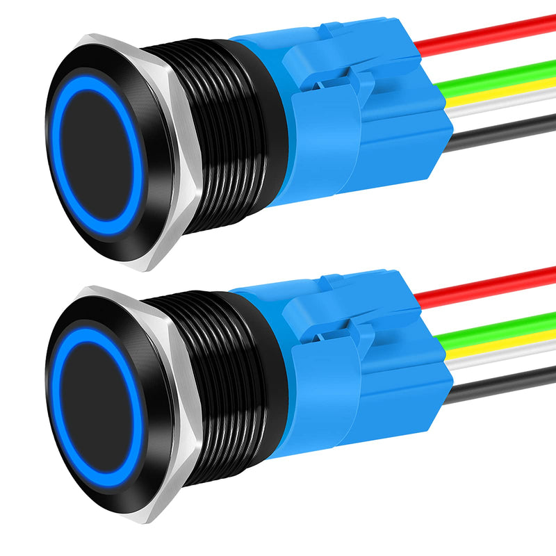 [Australia - AusPower] - DaierTek Momentary Push Button Switch 12V Waterproof LED Horn Button Switch 12 Volt Stainless Steel 22mm for Automotive Car Marine Boat Train -2pcs Black 22mm Blue Ring Illuminated 