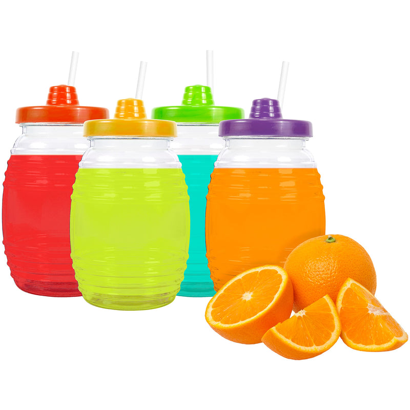[Australia - AusPower] - A-Naty Traditional Mexican Mini Vitrolero Cups - Barrel Shaped with Colorful Leakproof Lids, Straws Incuded. Perfect for Aguas Frescas, Cocktail Drinks and More. Good for Party Supplies - 4Pack, 32oz 