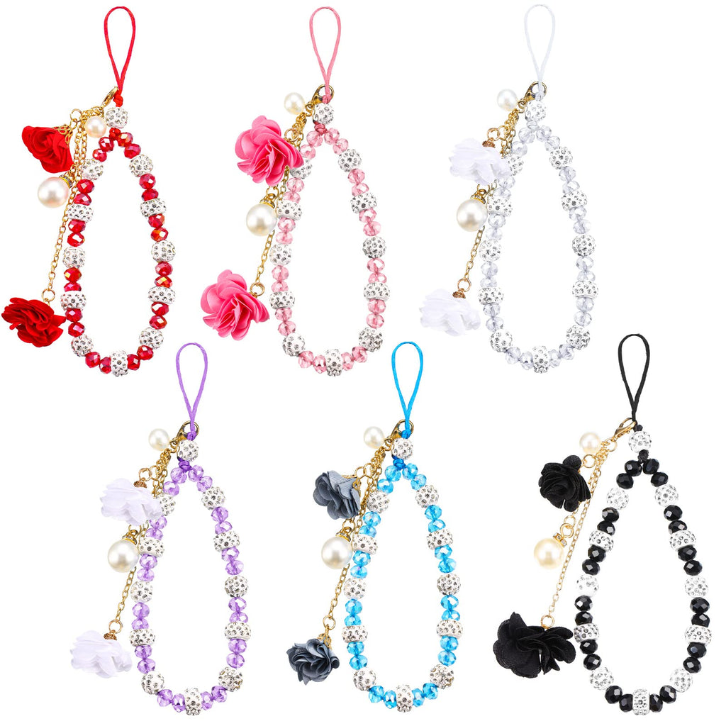 [Australia - AusPower] - 6 Pieces Cell Phone Straps Crystal Flower Pendant Mobile Phone Lanyard Beads Chain Anti-Lost and Non-Slip Mobile Phone Strap Charm for Keychain Camera U Disks Handbag Decoration Accessories 