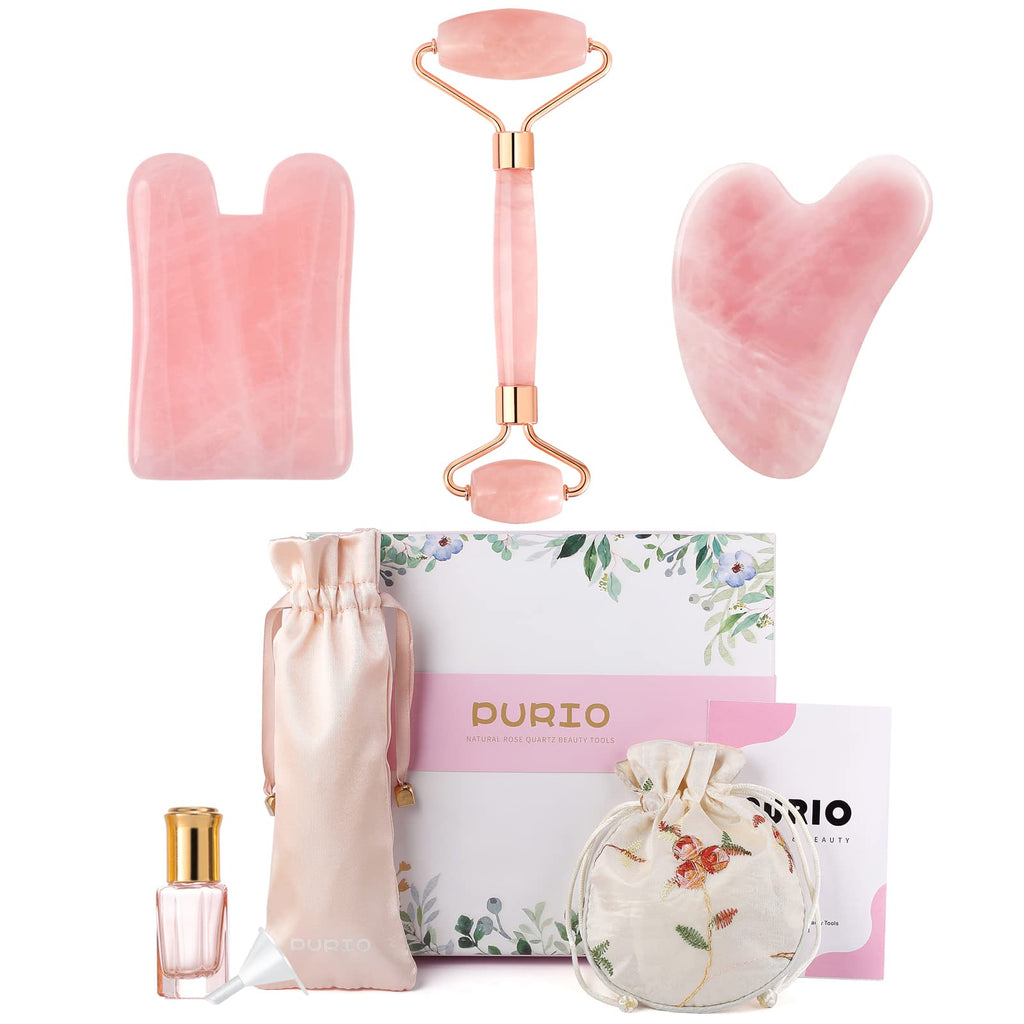 [Australia - AusPower] - (Rose Quartz) Gua Sha Massage Tools Set, Face Roller + Gua Sha Boards + Glass Roller Bottle, for Eye Face Skin Care Jawline Sculpting Lymphatic Drainage, A Natural Self Care Gift for Men and Women Pink 