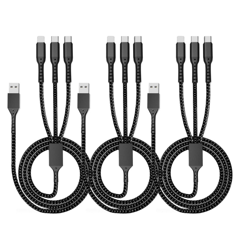 [Australia - AusPower] - Multi Charging Cable, 3 in 1 5A Fast Charging Cable Adapter with Type-C, Nylon Braided Universal 4FT/3Pack 3 in 1 Quick Charging Cord, Compatible with Cell Phones and More -Black 