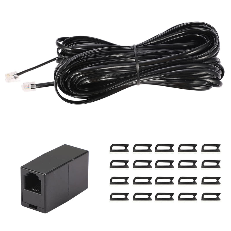 [Australia - AusPower] - 50Feet Long Telephone Extension Cord Phone Cable Line Wire, with Standard RJ11 Plug and 1 in-Line Couplers and 20 Cable Clip Holders-Black (50 Feet) 50 Feet 
