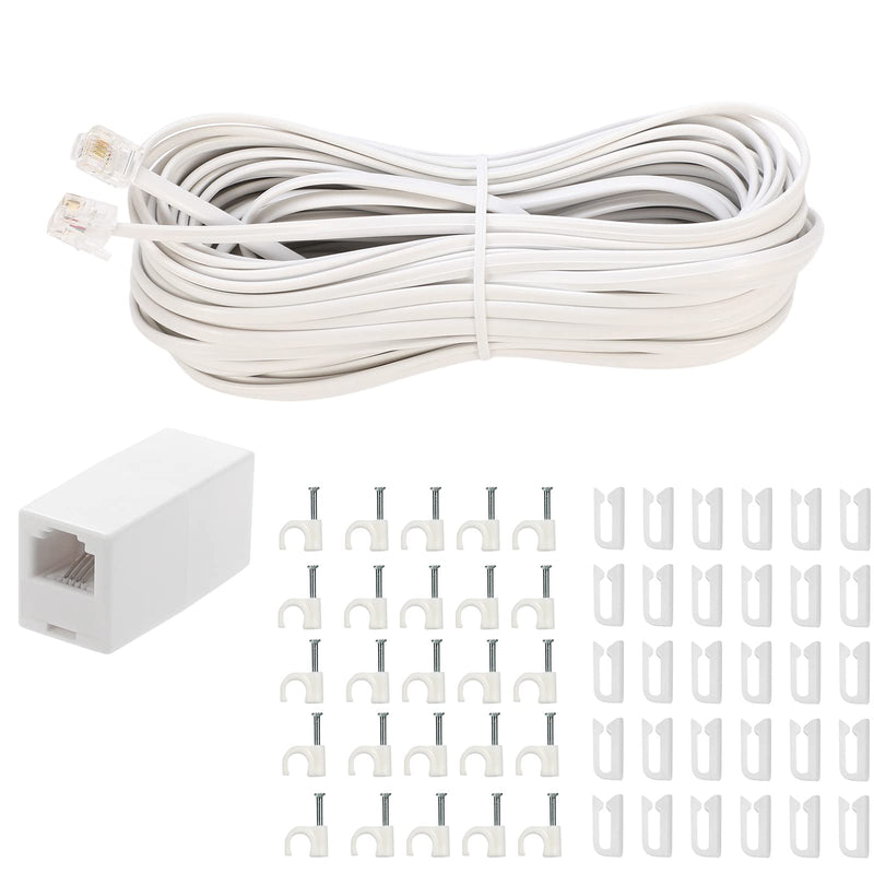 [Australia - AusPower] - 100 Feet Long Telephone Extension Cord Phone Cable Line Wire, with Standard RJ11 Plug and 1 in-Line Couplers and 55Cable Clip Holders-White (100 Feet) 100 Feet 