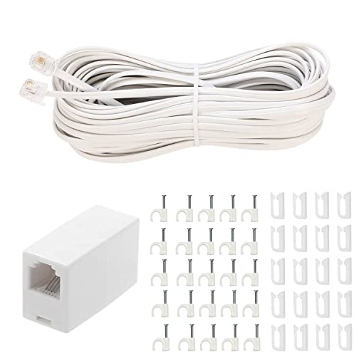 [Australia - AusPower] - 50 Feet Long Telephone Extension Cord Phone Cable Line Wire, with Standard RJ11 Plug and 1 in-Line Couplers and 45Cable Clip Holders-White (50 Feet) 50 Feet 