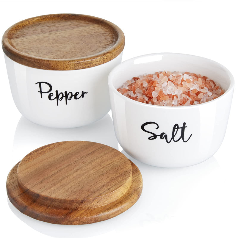 [Australia - AusPower] - Farmhouse Salt and Pepper Bowls, DAYYET 10 oz Salt Cellar with Lid, Stacked Ceramic Salt Pepper Container with Wooden Lid, Salt Box for Countertop, Modern Farmhouse Kitchen Decor, Set of 2, White 