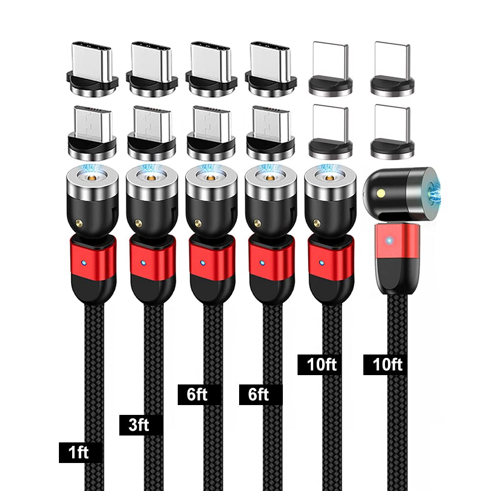 [Australia - AusPower] - Magnetic USB Charging Cable Krsende [6Pack 1FT/3FT/6FT/6FT/10FT/10FT] 3in1 360°&180°Rotation Nylon Braided USB-A to Mirco USB Type C Cord Compatible Smartphone and Android Device Red 