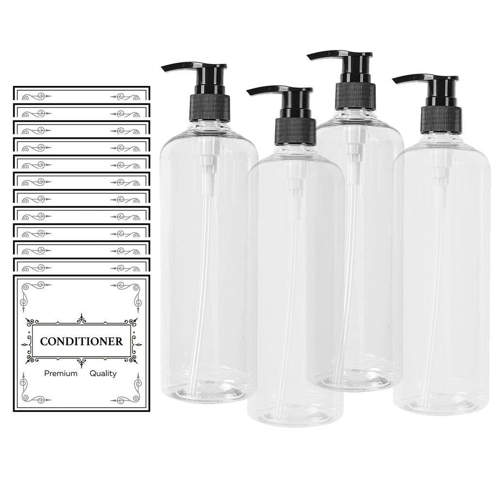 [Australia - AusPower] - (Combo Pack) 4 Pieces Empty 16 oz (500ml) Shampoo Bottles and 12 Pieces Removable Bottle Labels - Clear Medium Density PETE1 Plastic Bottles with Pumps - Waterproof Self-Adhesive White Vinyl Labels 