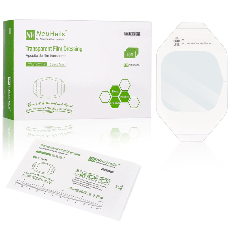 [Australia - AusPower] - NeuHeils Transparent Film Dressing 2 3/8'' x 2 3/4'', 100 Pack, Waterproof Wound Cover Bandage, Clear IV Catheter Tape, Adhesive Patch 