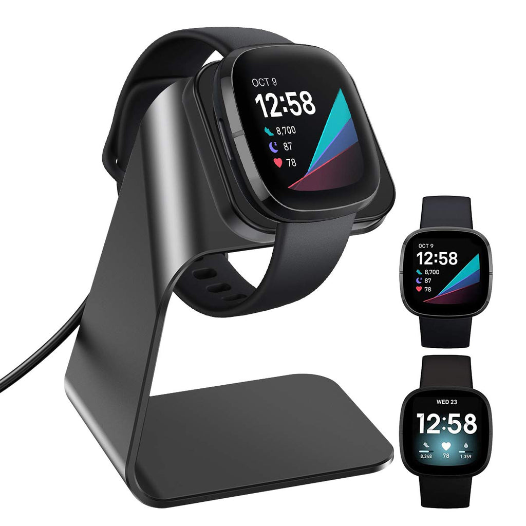[Australia - AusPower] - QIBOX Charger Compatible with Fitbit Versa 3/Sense, Premium Aluminum Alloy Charging with 4.5ft Cable Charger Dock for Versa 3/Sense Smartwatch (Black) Black 
