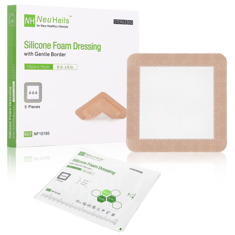 [Australia - AusPower] - Silicone Adhesive Foam Dressing with Gentle Border 6 x 6 inch for Bed Sore Leg Ulcer, 5 Pack, High Absorbency Waterproof Silicone Wound Bandage for Pressure Ulcer by NeuHeils 6''x6'' 