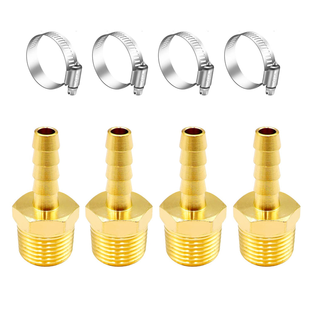 [Australia - AusPower] - Tnuocke 4pcs Brass Air Hose Barb Fittings,1/4" Hose Barb to 1/4 NPT Male Thread Quick Coupler Air Pipe Adapter with 4PCS Hose Clamp,Compression Hose Fittings H-040-1/4 NPT-1/4 1/4 Hose Barb-1/4 NPT Male 
