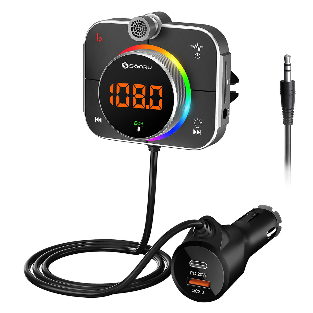 [Australia - AusPower] - Bluetooth FM Transmitter for Car, SONRU Car Radio Bluetooth Adapter with QC3.0 & PD 20W Type C USB Charger, Hands-Free Call/Bass Booster, Noise Cancellation, Support TF Card AUX Output Black 