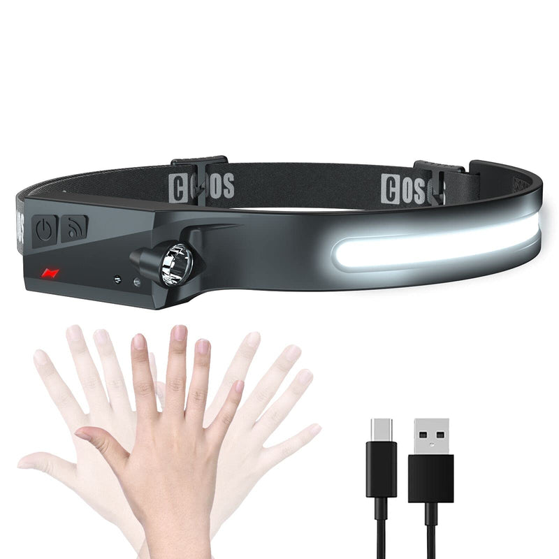 [Australia - AusPower] - LED Headlamp Rechargeable, COSOOS Bright Headlamp Flashlight, 1000 Lumen Wide Beam, Motion Sensor, 230° Illumination & Spotlight, 2.4oz Lightweight Head Lamp for Camping, Running, Hiking (No Clips) 1 Black 