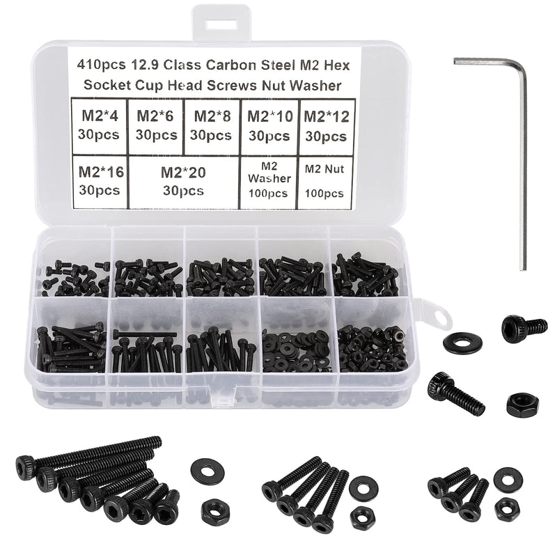 [Australia - AusPower] - HanTof 410Pcs Fully Threaded Machine Screws Bolt M2 x 4/6/8/10/12/16/20mm,Small/Tiny/Micro Hex Socket Head Cap Screws Nuts and Flat Washers Assortment Kit with Hex Wrench，Black 12.9 Grade Alloy Steel 410Pcs M2 Socket Cup Head Screw-12.9 