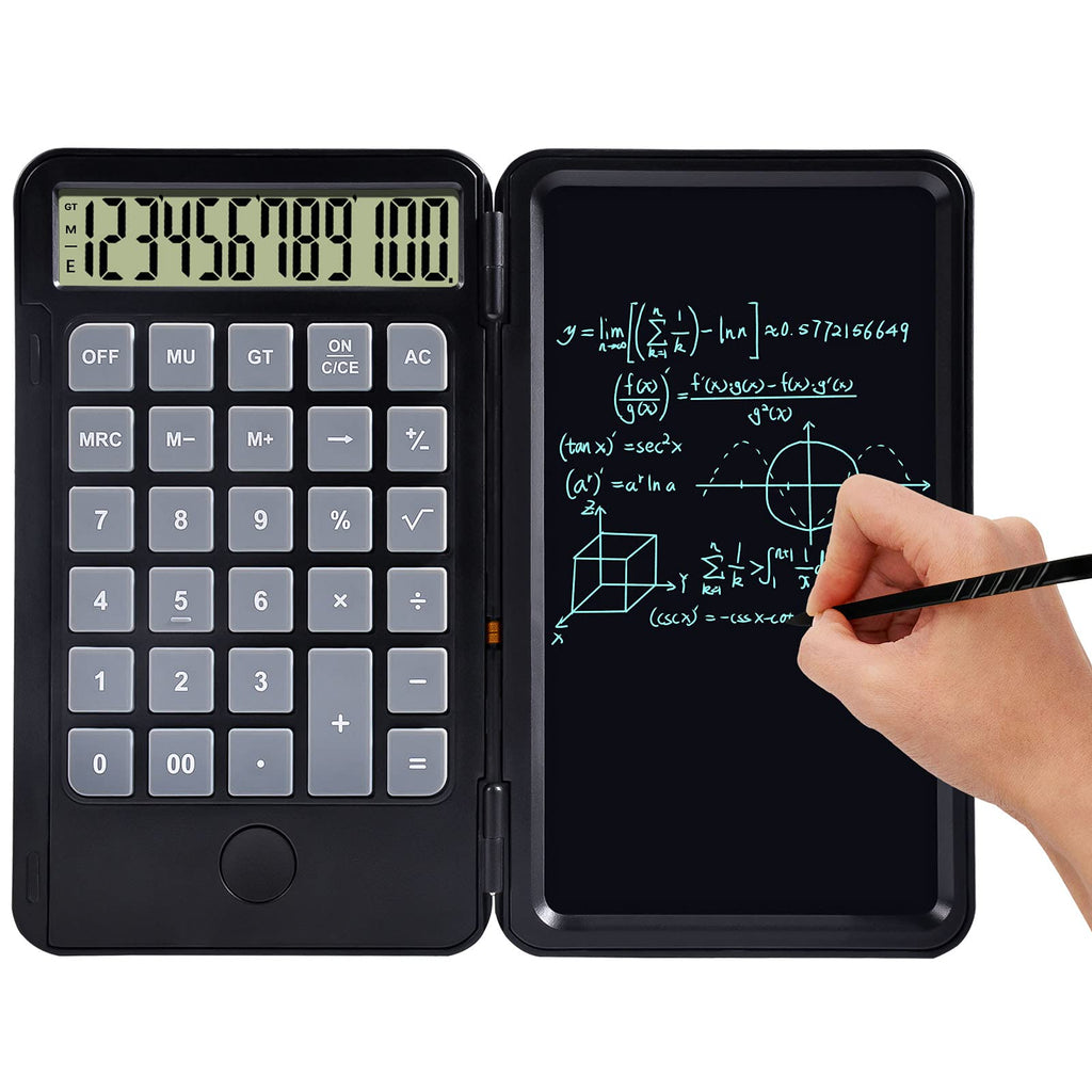 [Australia - AusPower] - Calculator Writing Tablet- Doodle Pad Calculators, Mute Portable and Foldable Desktop Calculator with Erasable Writing Board, Multi-Function Portable Rechargeable Calculator for Kids (Black) Black 