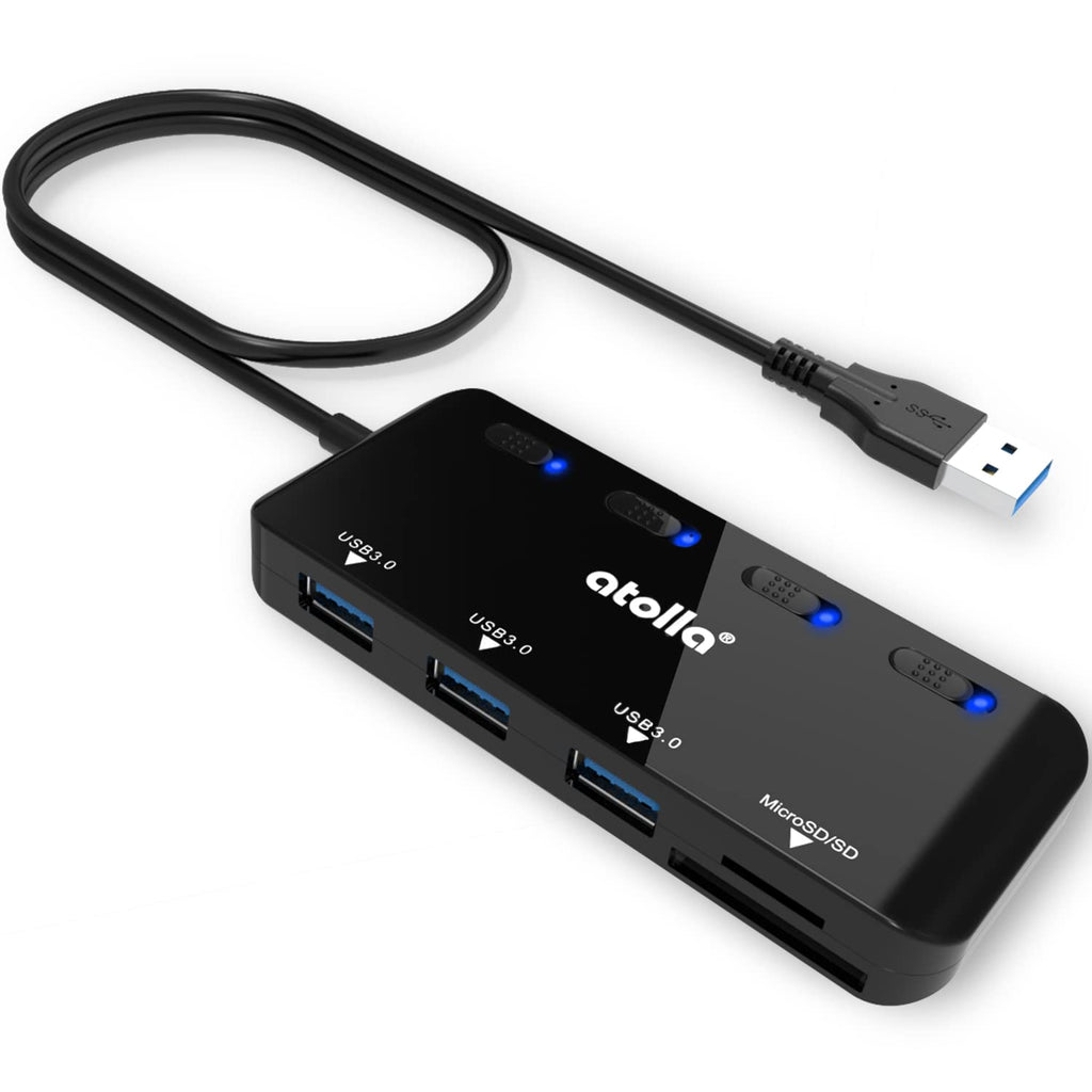 [Australia - AusPower] - SD Card Reader, atolla USB Hub with SD/Micro SD Card Reader, USB Splitter with 3 USB Ports, 2 Card Slots and Individual LED Power Switches Dark black 