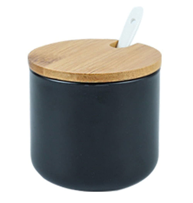 [Australia - AusPower] - RockTrend Simple Pure Color Ceramic Spice Jar Seasoning Box Condiment Pot Sugar Bowl with Bamboo Lid and Spoon Black 