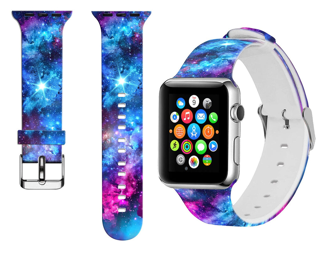 [Australia - AusPower] - FINCIBO Adjustable Smart Watch Straps, Soft Silicone Watch Bands Compatible with Apple Watch 38mm 40mm 42mm 44mm, iWatch Series 6 5 4 3 2 1 SE, Replacement Wristband for Women Men 38/40 mm Celestial Blue Purple Galaxy 