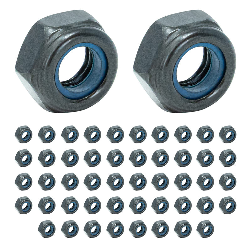 [Australia - AusPower] - M6 Hex Nuts with Anti-Vibration Nylon Lock Inserts (50 Pcs, Diameter 6mm x 10mm, Black) Self Threading Carbon Steel with Zinc Coating Rust Protection. Universal Design Appliances, Furniture and More 