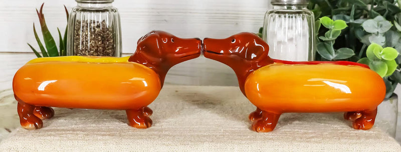 [Australia - AusPower] - Ebros Kissing Hot Dog Sausage Wiener Dachshunds Couple In Ketchup And Mustard Salt Pepper Shakers Ceramic Magnetic Figurine Set 4.75"L 