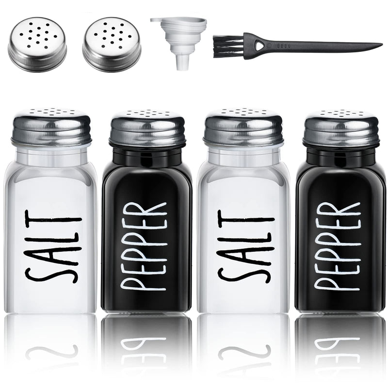 [Australia - AusPower] - 4 Pieces Salt and Pepper Shakers Set Vintage Glass Farmhouse Kitchen Decor Black and White Kitchen Decor Farmhouse Salt and Pepper Shakers with Funnel Brush Stainless Steel Lid for Home Restaurant 