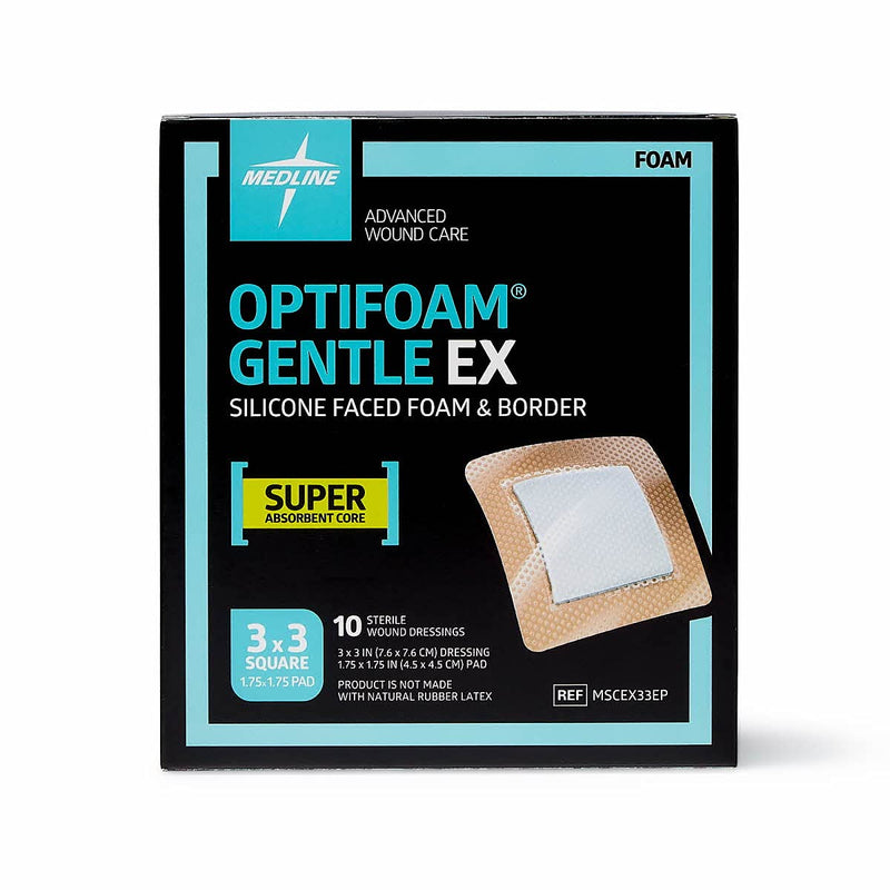 [Australia - AusPower] - Medline Optifoam Gentle EX Bordered Foam Adhesive Dressing, 3" x 3" Square (10 Count) 3" X 3" Box 