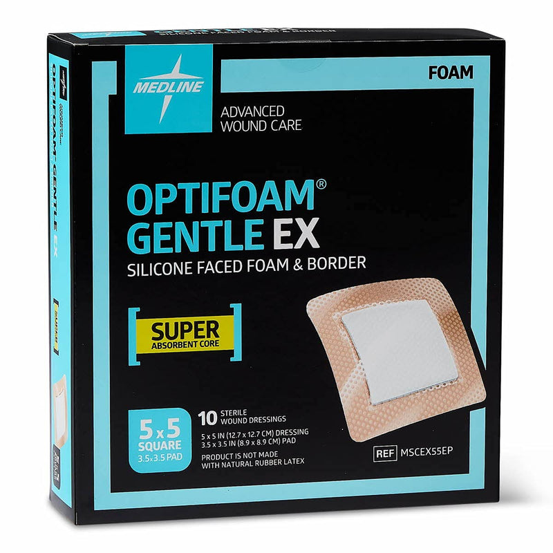 [Australia - AusPower] - Medline Optifoam Gentle EX Bordered Foam Adhesive Dressing, 5" x 5" Square (10 Count) 5" X 5" Box 