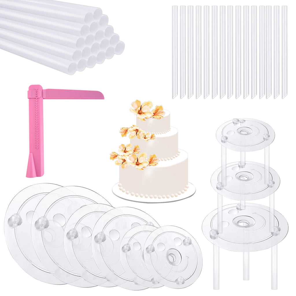 [Australia - AusPower] - 42PCS Plastic Cake Dowel Rods Set Including 6PCS Clear Smiley Cake Separator Plates for 4 6 8 Inch Cakes and 35 PCS Plastic Cake Sticks Support Rods and 1PCS Cake Smother for Tiered Cakes 
