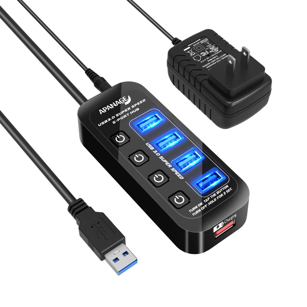 [Australia - AusPower] - Apanage Powered USB 3.0 Hub, 5 Port USB 3.0 Hub Splitter with 4 USB 3.0 Data Ports and 1 Smart Charging Port with Individual On/Off and 5V/3A Power Adapter USB Extension for MacBook, Mac Pro 