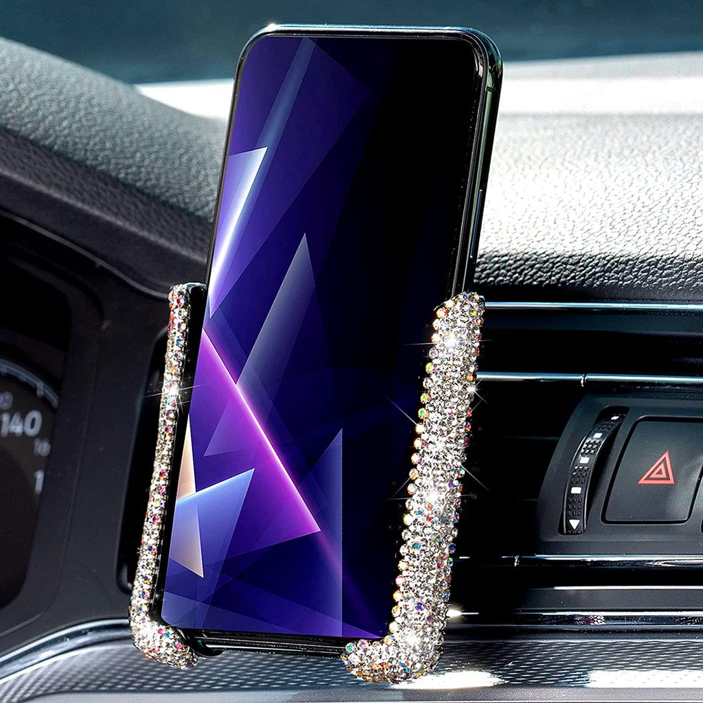 [Australia - AusPower] - Bling Car Phone Holder ，Rhinestone Car Accessories, Cute Cell Phone Mount, 360 Degree Adjustable Glitter Sparkly Handcrafted Diamond Car Interior Decor for Women ,with Upgraded Air Vent Hook Clip Silver 