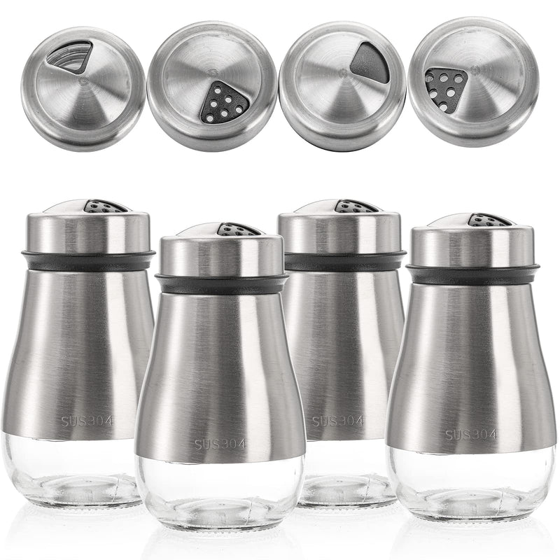 [Australia - AusPower] - Lyellfe 4 Pack Salt and Pepper Shakers, Stainless Steel and Glass Salt Shaker with Adjustable Pour Holes, Spice Dispenser, Seasoning Shaker for Himalayan, Kosher, Sea Salts 