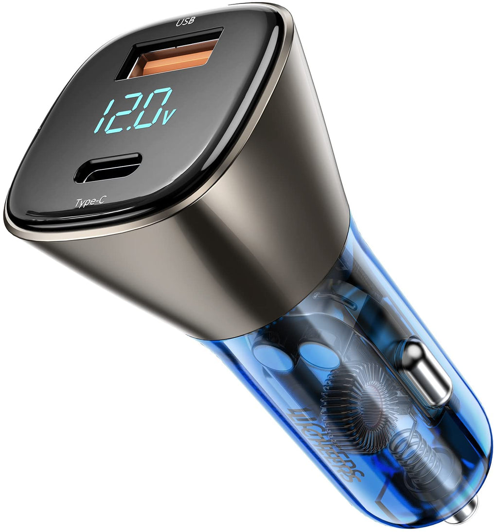 [Australia - AusPower] - Licheers USB C Car Charger, 63W Metal Car Charger Adapter, PD& QC 2 Ports Fast Car Phone Charger with LED Display for iPhone 13 12 Pro Max, iPad, Samsung Galaxy S21 S10 Plus, LG, MacBook, Laptop,GPS USB + Type C Port 