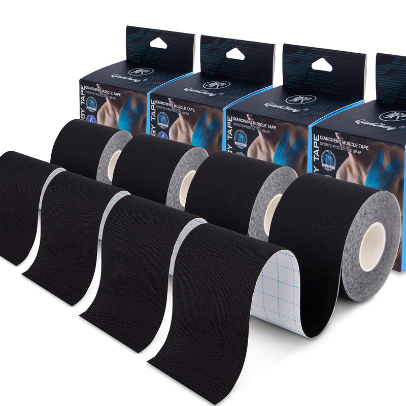 [Australia - AusPower] - 4 Pack Kinesiology Tape for Sports Athletes - 16 FT Waterproof Athletic Tape for The Knee, Elbow and Shoulder Muscles, etc.(5m X 5cm) (Black) Black 