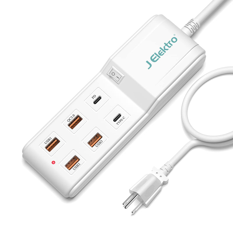 [Australia - AusPower] - Multi USB Charger, J Elektro 6 Port Multiport USB Charging Hub with Smart Detect, Desktop 6 Ft Extension Cord USB Splitter, Quick Charge 3.0 PD Fast Charging Station for Smart Phone Laptop Computer 