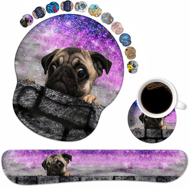 [Australia - AusPower] - Keyboard Wrist Rest and Mouse Pad Wrist Support Set with Coasters, Non-Slip PU Base Ergonomic Gaming Mousepad for Home Office Working Studying Easy Typing & Pain Relief - Cute Pug 