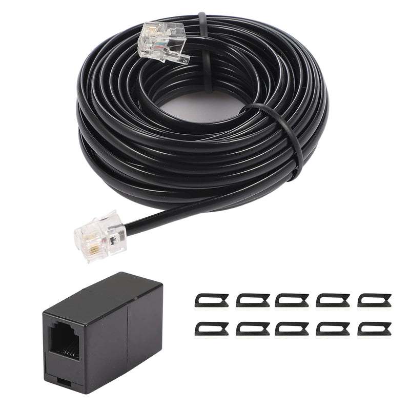 [Australia - AusPower] - 20Feet Long Telephone Extension Cord Phone Cable Line Wire, with Standard RJ11 Plug and 1 in-Line Couplers and 10 Cable Clip Holders-Black (20 Feet) 20 Feet 