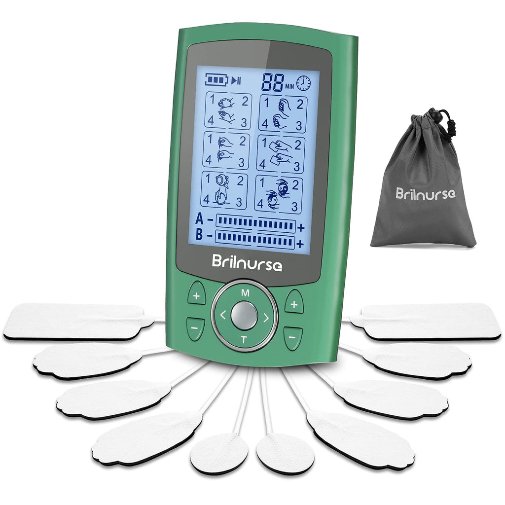[Australia - AusPower] - Brilnurse Dual Channel TENS EMS Unit 24 Modes 30 Level Intensity Muscle Stimulator for Pain Relief, Rechargeable Mini TENS Machine Pulse Massager with 10 Pads/Storage Pouch/Cable Ties (Green) 