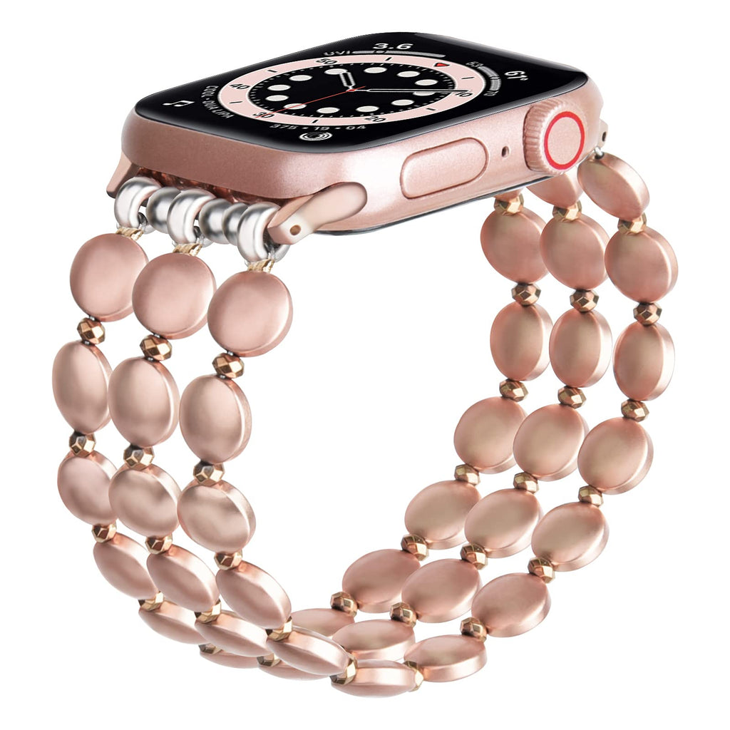 [Australia - AusPower] - Apple Watch Beads Bracelet 45mm/42mm/44mm Women Girls, QINGQING Fashion Handmade Beaded Elastic Stretch Apple Watch Band Replacement for iWatch Series 7/6/5/4/3/2/1/SE (Rose Gold) Rose Gold 42mm/44mm/45mm 