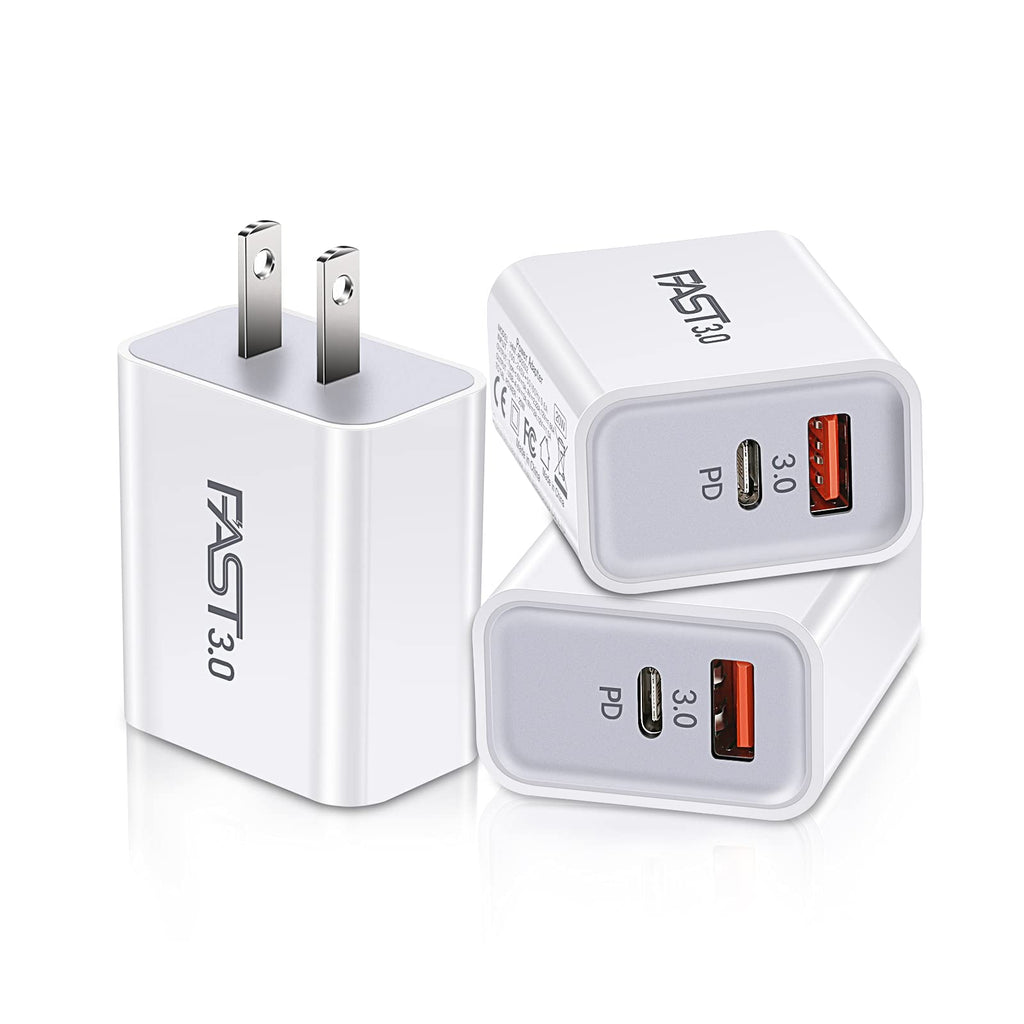 [Australia - AusPower] - 20W USB C Wall Charger 3-Pack, QOMOLAMA Dual Port Power Delivery PD Charger + Quick Charger 3.0 Type C Fast Charger Block Plug Compatible for iPhone 13/12/11/Pro Max, XS/XR/X, 8,Samsung Galaxy, More White 