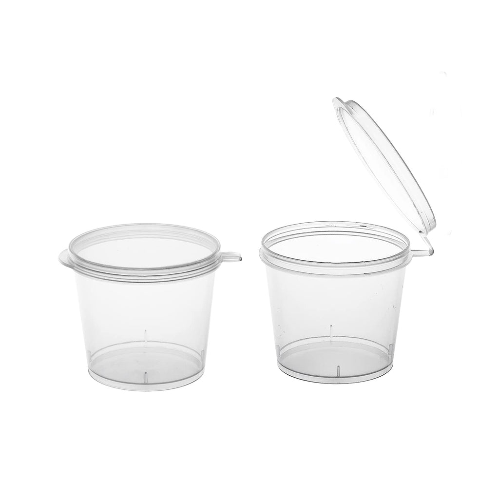 [Australia - AusPower] - Party Essentials Leak Proof Plastic Condiment Souffle Containers with Attached Airtight Portion Cup with Hinged Lid for Sauces, Samples, Slime, Jello Shot, Storage, Craft, 100 Sets, 1 oz, Clear 100 Sets, 1 oz. 