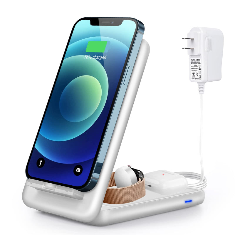 [Australia - AusPower] - Foldable Wireless Charger, Towott 3 in 1 Fast Wireless Charging Station for iPhone 13/12/11 Series/XR/X/Xs/XS Max/8/8 Plus, Charging Stand Dock for iWatch, AirPods Pro/2(White) white 
